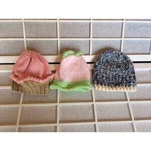 3 Hand‎ knitted Crotcheted Baby Caps/ Hats Cupcake Strawberry & Beanie